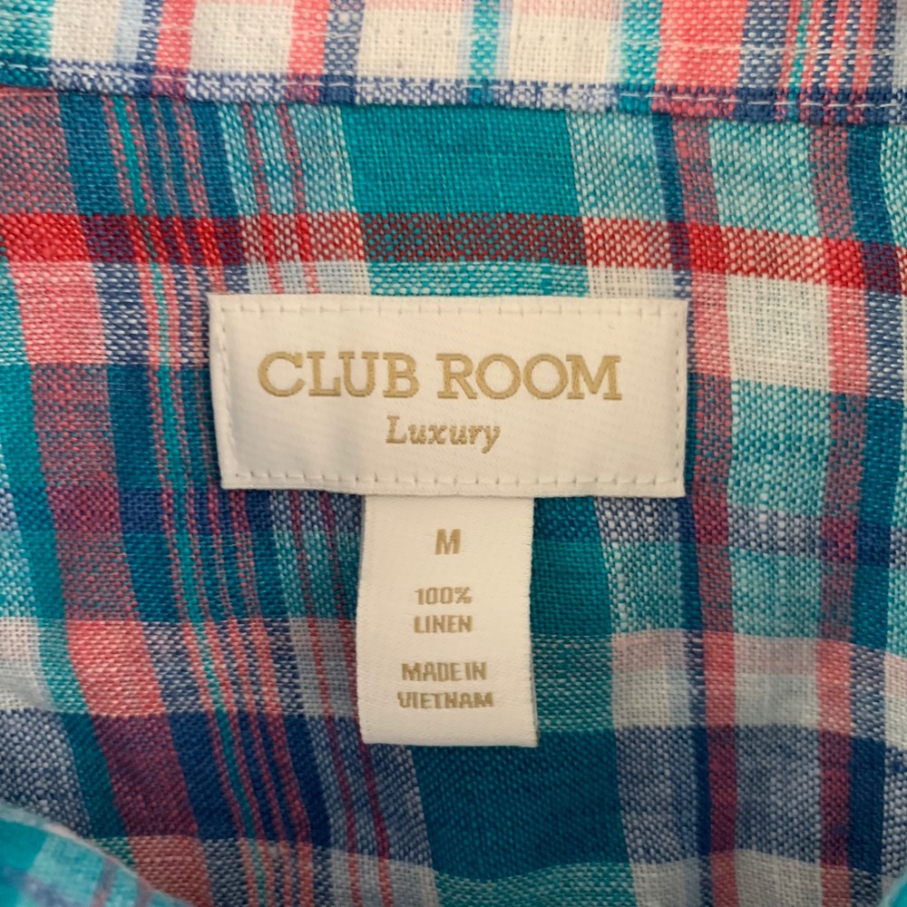 Club Room Luxury‎ Mens Medium 100% Linen Plaid Button Down Shirt Teal Pink - Picture 3 of 7